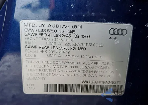 2015 Audi Q5 Premium Plus from USA, damaged, VIN WA1LFAFP1FA045371